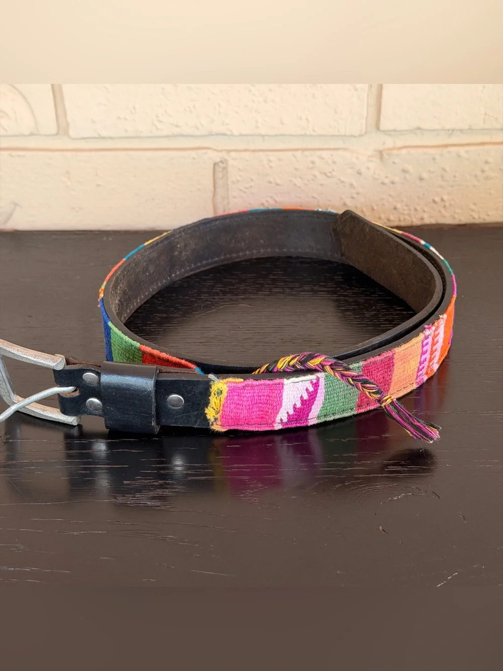 Vtg Colorful Brazilian Woven Embroidered & Leather Striped Boho Belt Women S